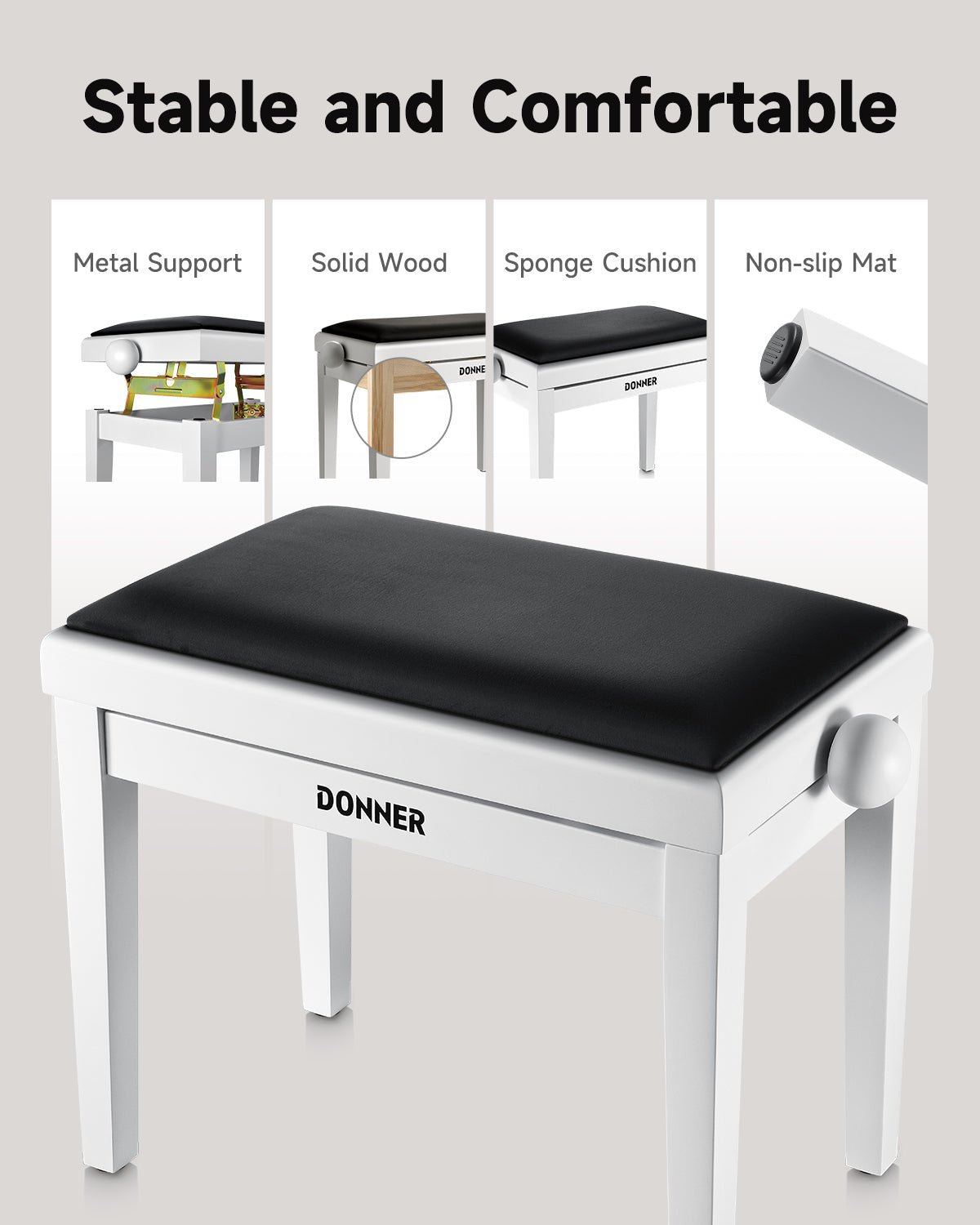 Donner Adjustable Height Piano Bench White