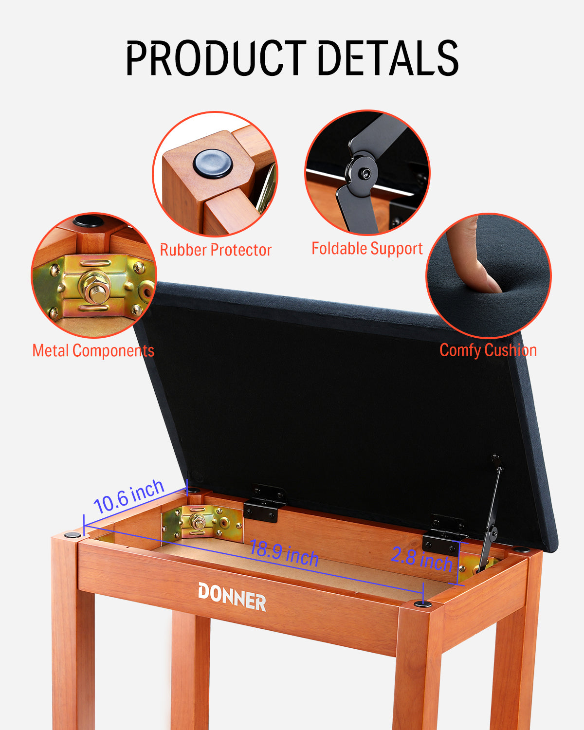 Donner DKB-10 Solid Wood Piano Bench with Storage Natural
