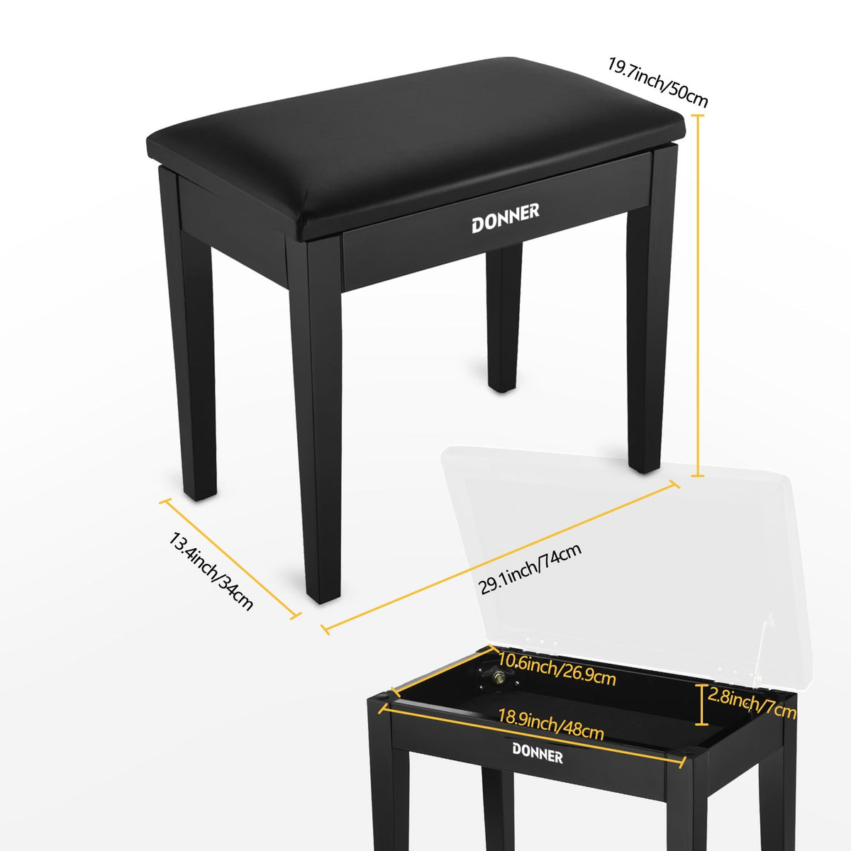 Donner DKB-10 Solid Wood Piano Bench with Storage Black