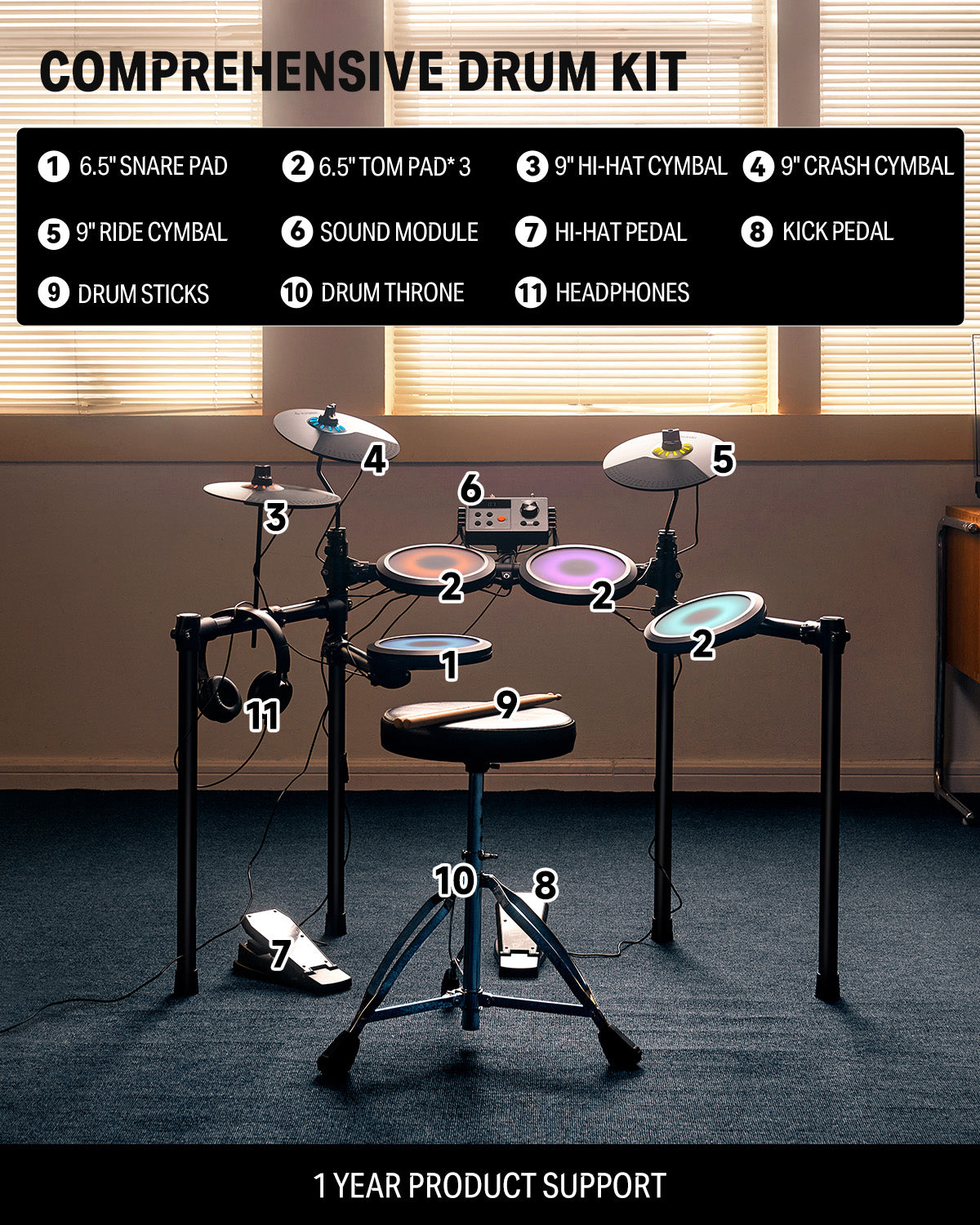 Donner DED-70L Beginner Electronic Drum Set with LED Light