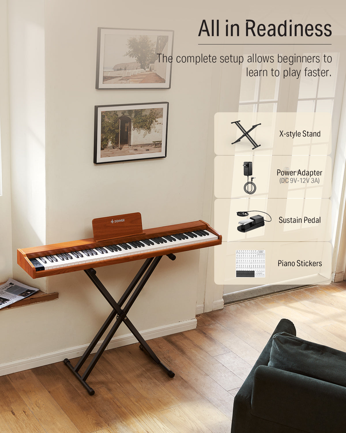 Donner DEP-1S Digital Piano Kit with X-Stand