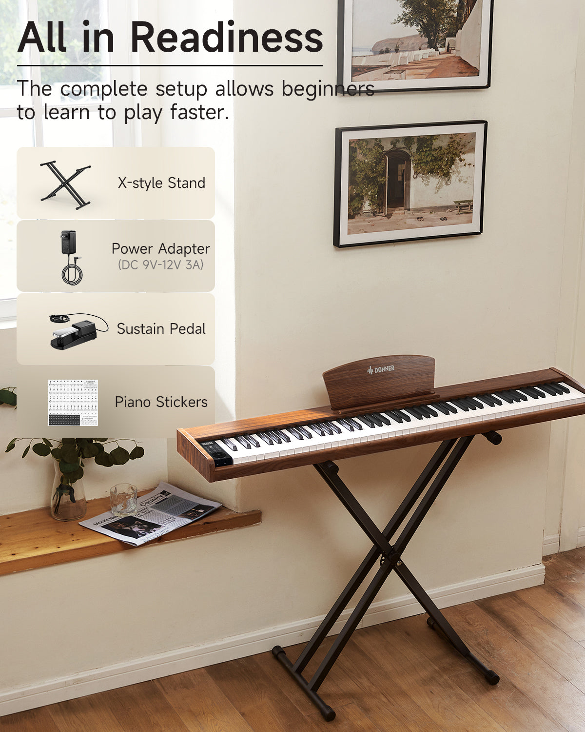 Donner DEP-1S Digital Piano Kit with X-Stand