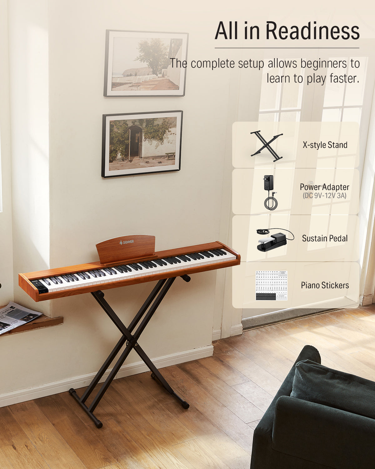 Donner DEP-1S Digital Piano Kit with X-Stand