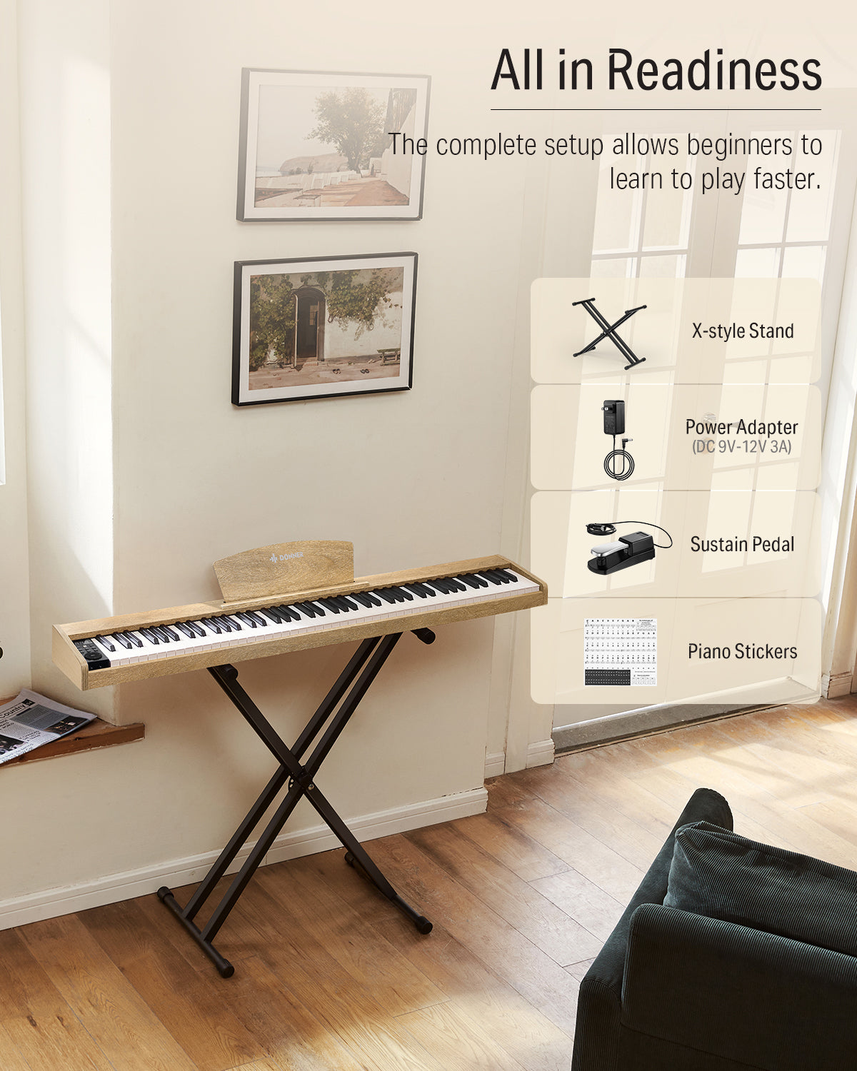 Donner DEP-1S Digital Piano Kit with X-Stand