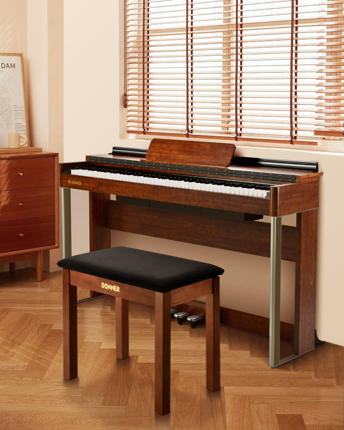 Donner DKB-10 Solid Wood Piano Bench with Storage Brown