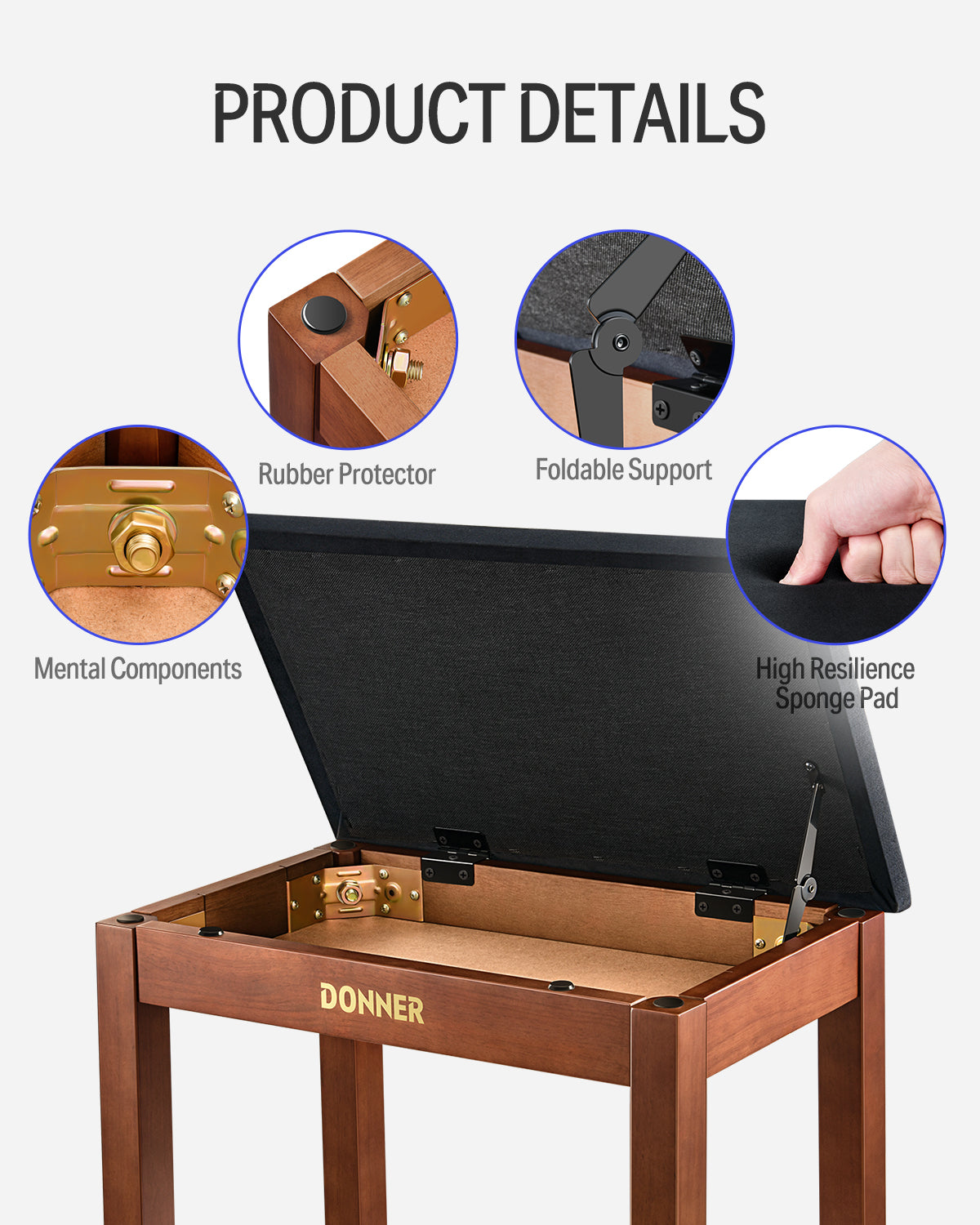 Donner DKB-10 Solid Wood Piano Bench with Storage Brown